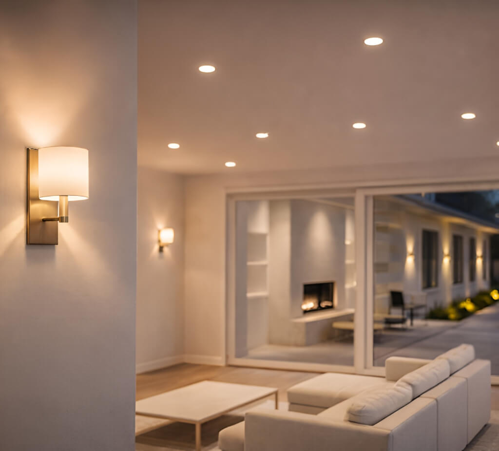 A modern living room featuring warm lighting creating an inviting atmosphere.