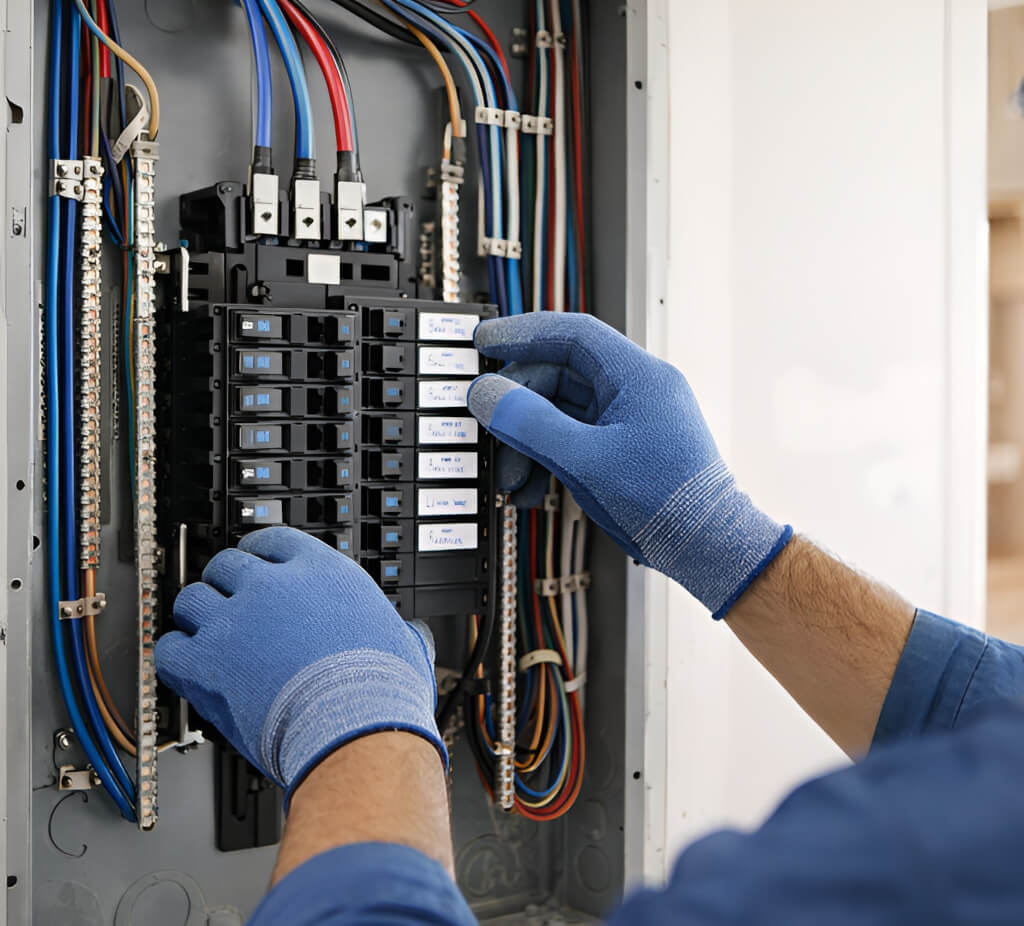 A person in blue gloves adjusts circuit breakers in an electrical panel.