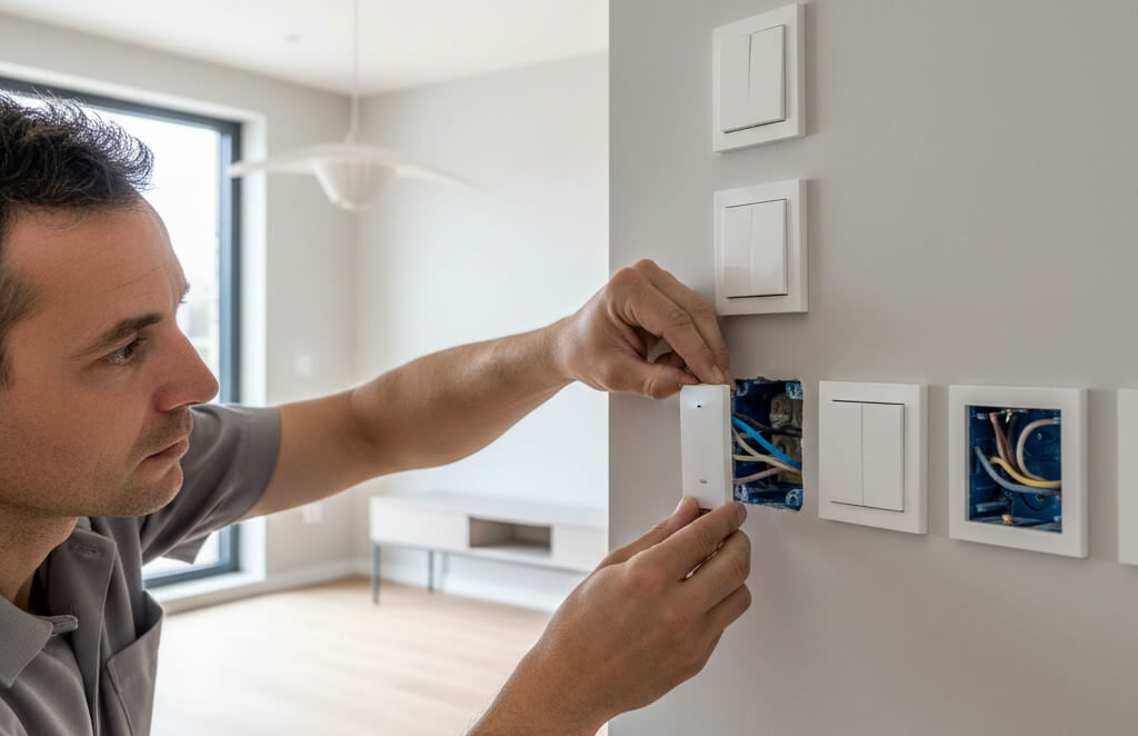 An electrician installs a light switch on a wall.