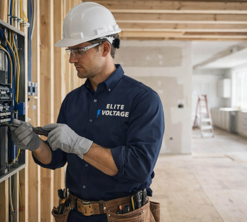 An electrician in a hard hat and blue shirt is engaged in work on an electrical panel.