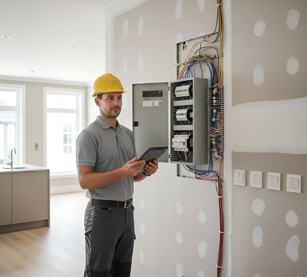 An expert stands in front of an electrical panel.