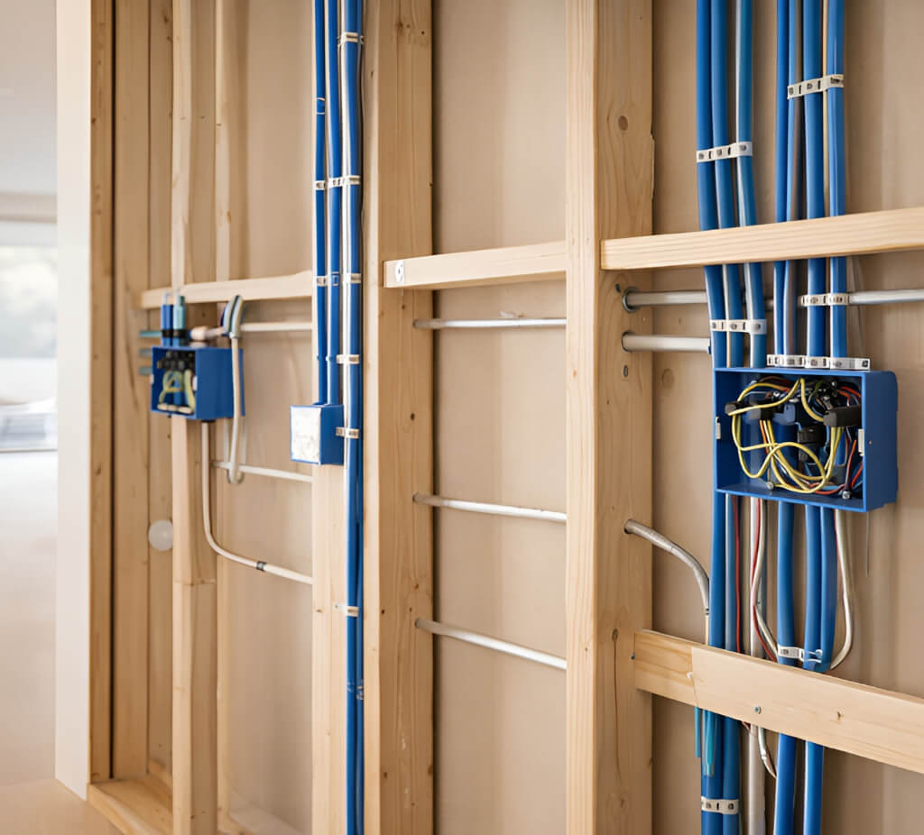 Detailed view of home electrical wiring, featuring multiple wires and junctions neatly arranged within a wall cavity.