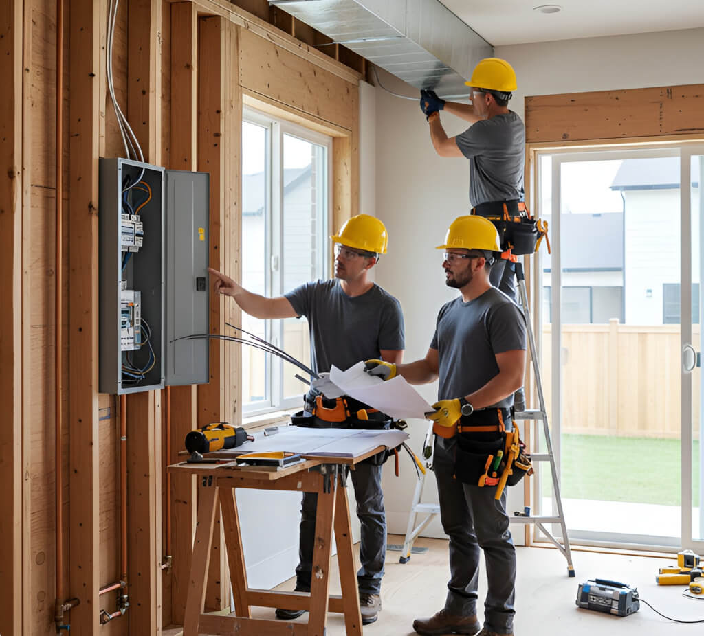 Three men working together on electrical systems inside a home environment.